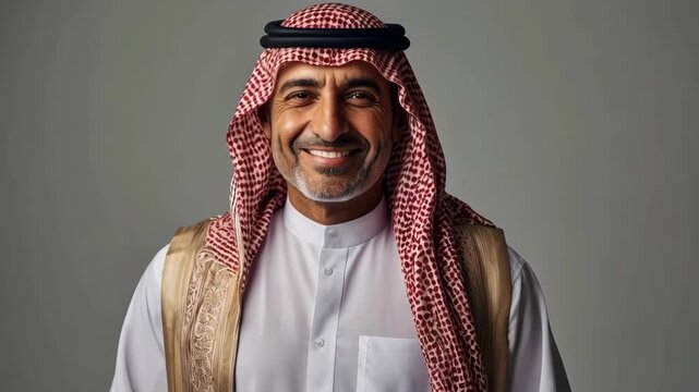 Smiling Arab Man in Traditional Clothing Against Gray Background Studio Portrait
