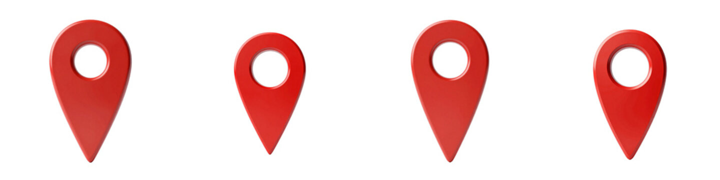 Various shapes of red map pointer icons placed on a black background