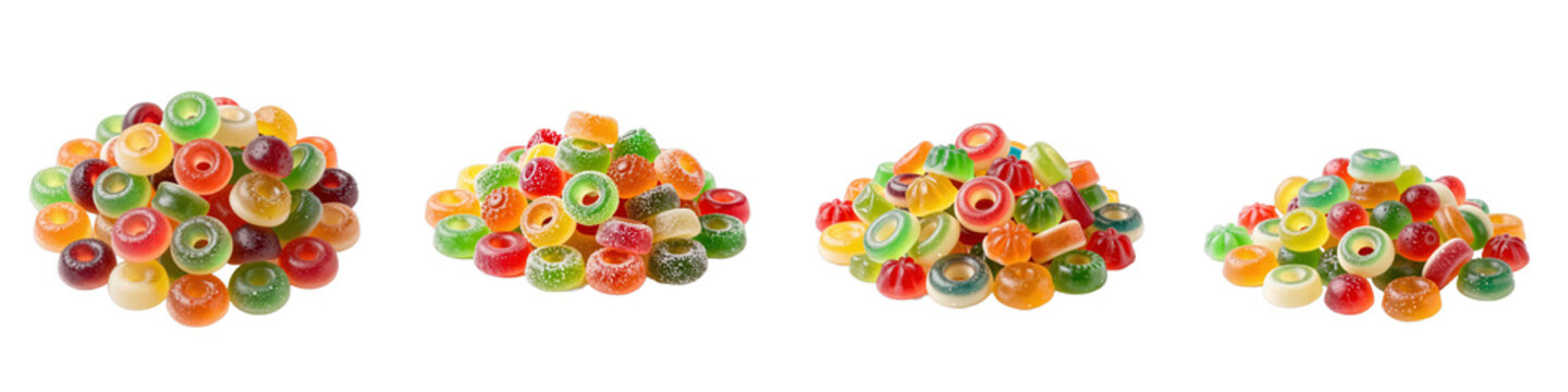 Piles of colorful gummy candies of different shapes are stacked against black backdrop
