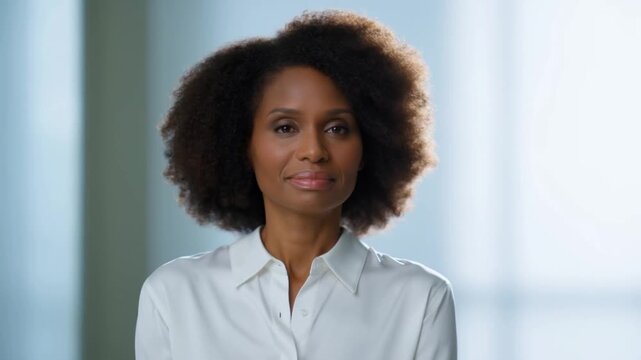 Confident woman facing forward in white shirt against softly lit indoor background