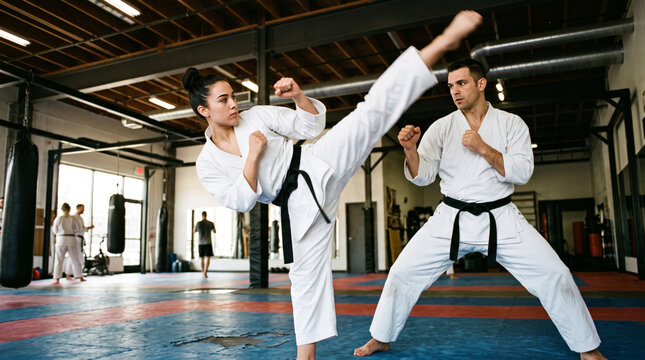 Martial arts practitioners training in a dojo with dynamic kicking movements