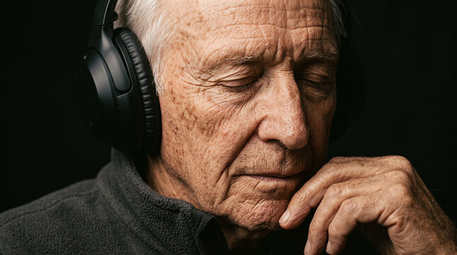 Elderly man with headphones closed eyes listening to music with thoughtful expression