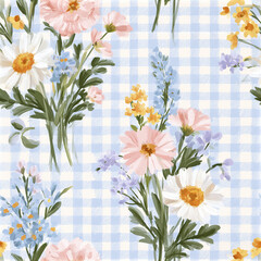 Obraz premium Romantic country style seamless pattern with pastel pink, white, yellow, and blue flowers on soft blue gingham background