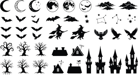 Fototapeta premium Halloween silhouettes collection with spooky icons and festive holiday design elements.