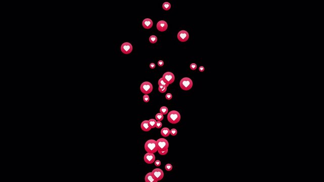 Floating Heart Reaction Animation with Red Love Icons, Social Media and Live Streaming Engagement, Like Reaction Symbols on Transparent Background in 4K