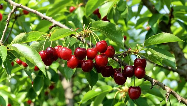 Mouthwatering 4K Ultra HD orchard video featuring plump glossy red cherries growing on a leafy tree branch against a sunny out-of-focus background in an organic fruit garden