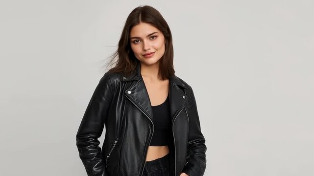 Young Adult Woman in Black Leather Jacket and Crop Top Studio Portrait Confident Posing Style