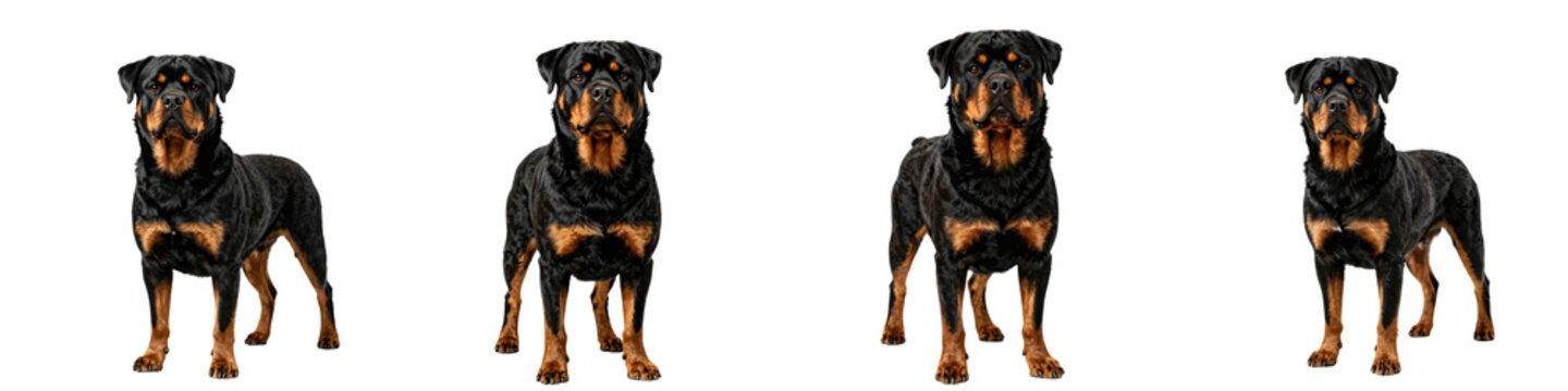 Digital art featuring multiple rottweilers posing against a black backdrop