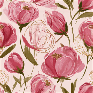 Romantic seamless floral pattern featuring abstract pink flowers and green leaves with soft brush strokes and elegant design