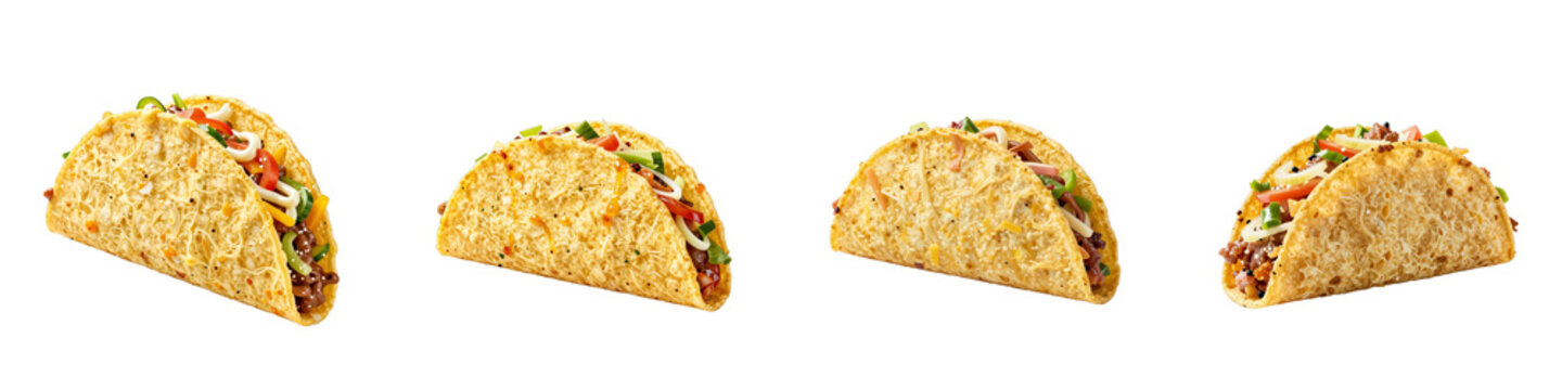Line of four tacos with meat and vegetable fillings on a black backdrop