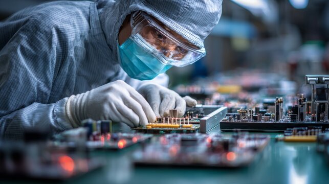 Person in protective gear assembles electronic circuit boards in a cleanroom, focused on components