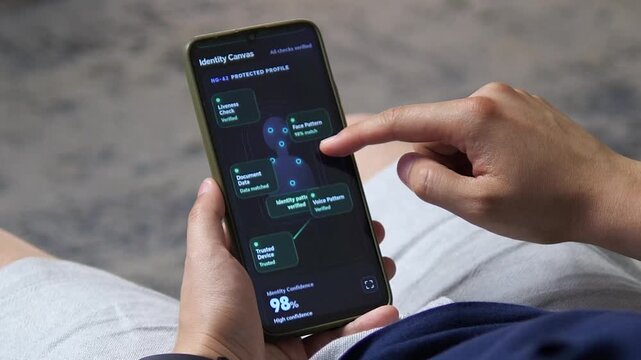 Digital identity verification confirms secure access to a protected financial account, highlighting biometric authentication, fraud prevention and modern mobile security.