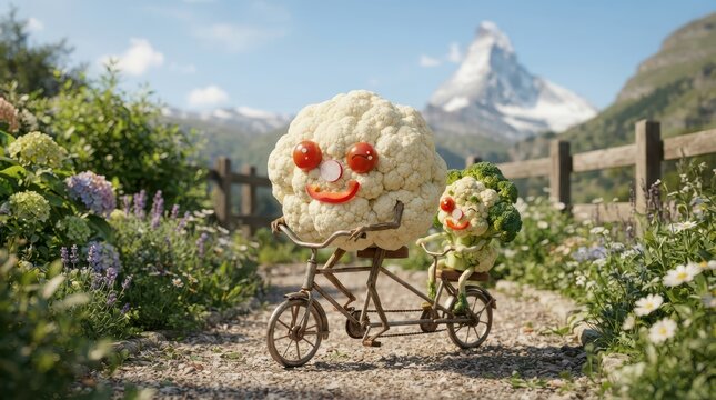 Scarecrow riding bicycle in autumn garden.