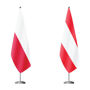 Poland and Austria flags on flagpoles for official ceremonies and meetings, transparent background vector