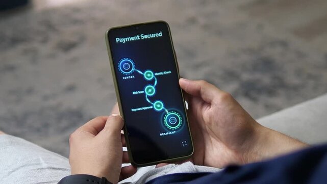 Secure mobile payment completes after identity verification and risk screening, highlighting digital finance, fraud prevention and trusted cashless transactions.