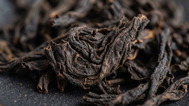 Macro Photography of Dark Dried Black Tea Leaves, High Quality Loose Tea for Healthy Drink Concept