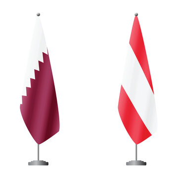 Qatar and Austria flags on flagpoles for official ceremonies and meetings, transparent background vector