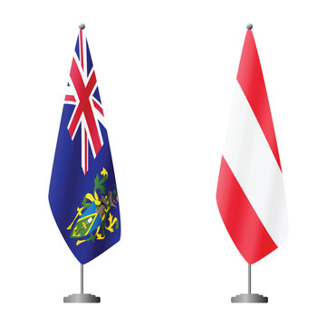Pitcairn Islands and Austria flags on flagpoles for official ceremonies and meetings, transparent background vector