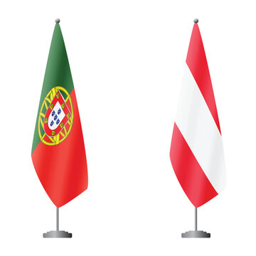Portugal and Austria flags on flagpoles for official ceremonies and meetings, transparent background vector