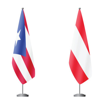 Puerto Rico and Austria flags on flagpoles for official ceremonies and meetings, transparent background vector
