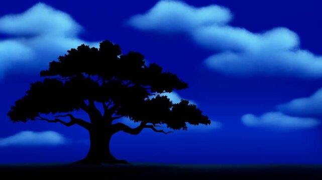 Lone tree silhouette against blue sky with soft white clouds over dark ground