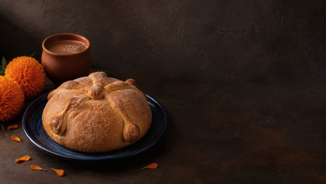 Traditional Pan de Muerto with Mexican Hot Chocolate and Copy Space