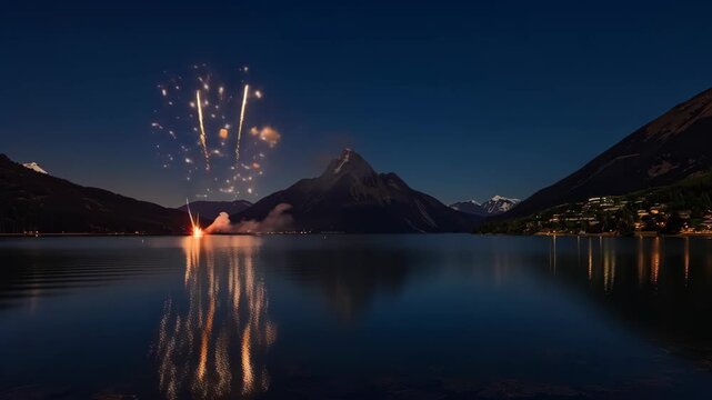 Firework Burst Above Alpine Lake and Mountain Village at Night With Colorful Reflection
