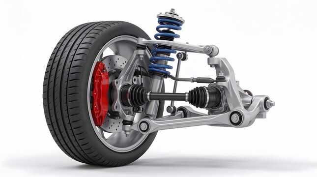 Car suspension system with blue coil spring assembly on white backdrop.