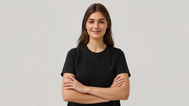Young woman black shirt with crossed arms, gentle smile, calm confident portrait studio gray
