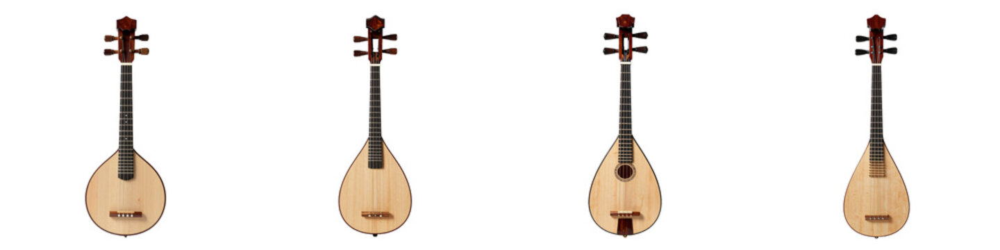 Various stringed instruments are displayed on a black backdrop in a studio setting