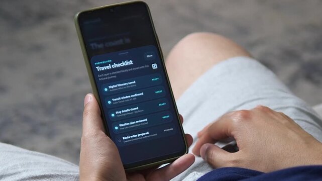 Traveler uses a smartphone to build a digital itinerary and complete a trip checklist, reflecting smart travel planning, mobile organization and stress-free journey preparation.