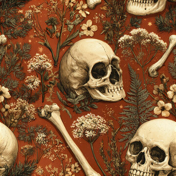 Rustic gothic floral seamless pattern with cream colored skulls and bones on warm brown background, evoking eerie beauty