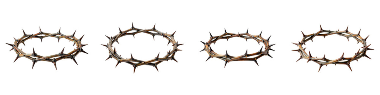 Variations of a crown of thorns symbolize sacrifice and suffering on a black background