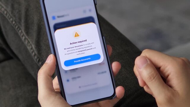 Mobile banking user receives an urgent compliance alert requesting identity documents as transactions are paused for anti-money laundering verification.