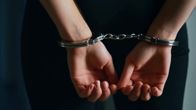 Person with handcuffed wrists holding hands behind back against dark background