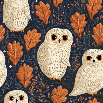Scandinavian autumn seamless pattern with stylized ivory owls and orange oak leaves on dark blue background