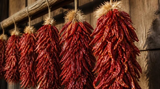 Vibrant scarlet chili peppers dried to a crisp, representing rustic farm harvests in high fidelity