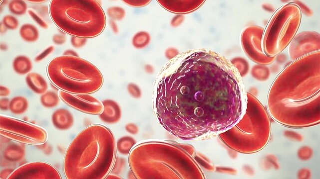 Lymphoblast, 3D animation of an immature lymphoid cell circulating among red blood cells, associated with acute lymphoblastic leukaemia and other lymphoid disorders.