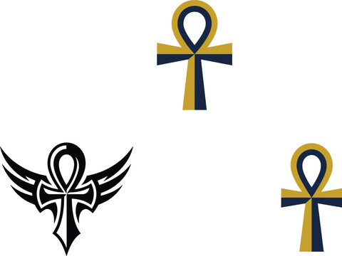 Egyptian Ankh Cross Vector Set Featuring Winged Tribal Tattoo Symbol and Gold Blue Key of Life