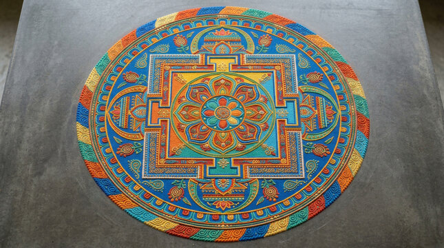 Intricate Colorful Tibetan Sand Mandala on Gray Stone Floor