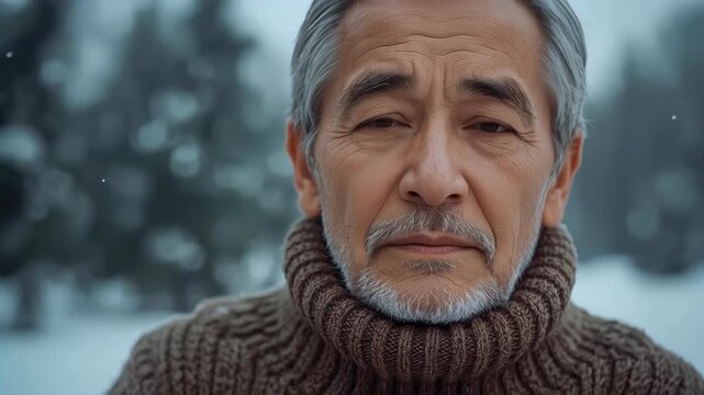 Elderly Asian Man with Brown Scarf in Snowy Forest, Solemn Expression Portrait_