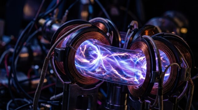 Glowing vortex in a vacuum tube with magnetic coils and toroidal chamber suggesting energy extraction.