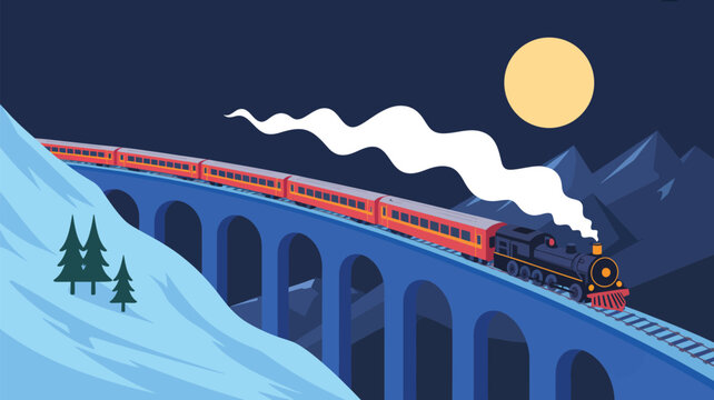 Night journey by train across a high arched bridge through snowy mountains under a bright moon