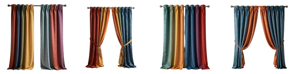 Naklejka premium Colorful curtains create a vibrant spectrum of hues against a stark black backdrop