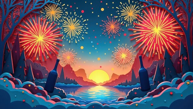 Layered papercut art New Year scene 3D, colorful crafted fireworks champagne dimensional, contemporary craft style unique, festive papercraft design
