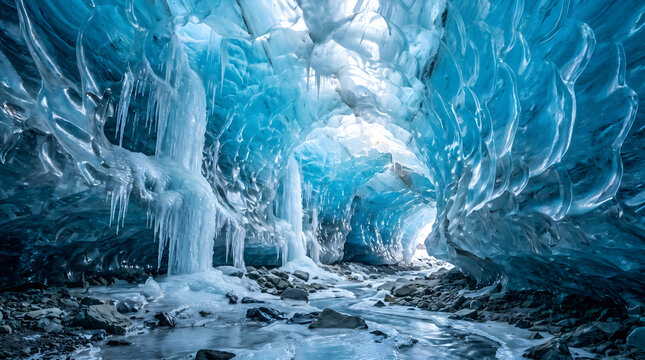 Deep blue ice cave interior with hanging icicles, frozen walls, and a flowing stream over rocky ground