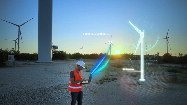 Mechanical engineer checking turbine blade statistics using digital twin technology for predictive maintenance
