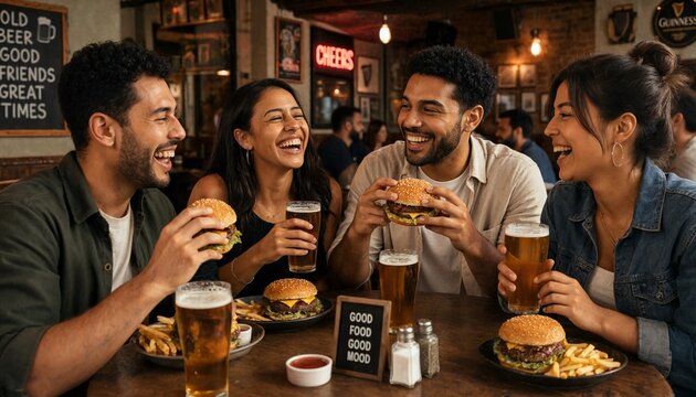 Group of friends sharing burgers and beer at a casual restaurant