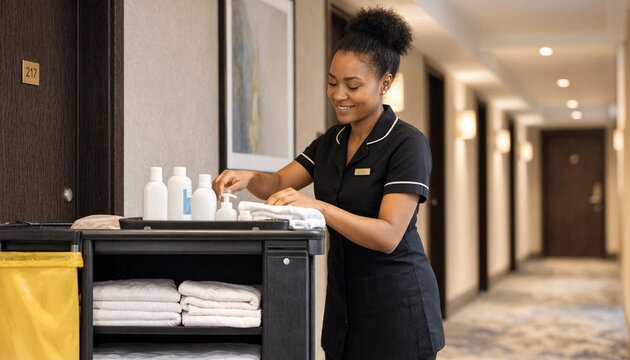 Housekeeper in uniform restocking cleaning trolley in hotel hallway