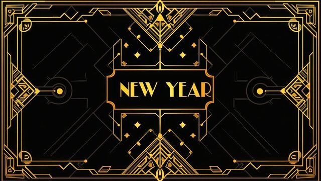 Art Deco New Year poster geometric elegant, gold black symmetrical pattern luxury vintage, 1920s glamour aesthetic trendy sophisticated, elegant deco style